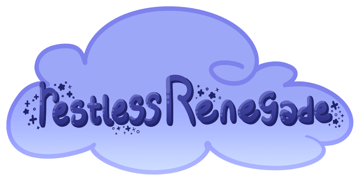 A drawing of a lavender cloud, which has the words "restlessRenegade" in front of it.